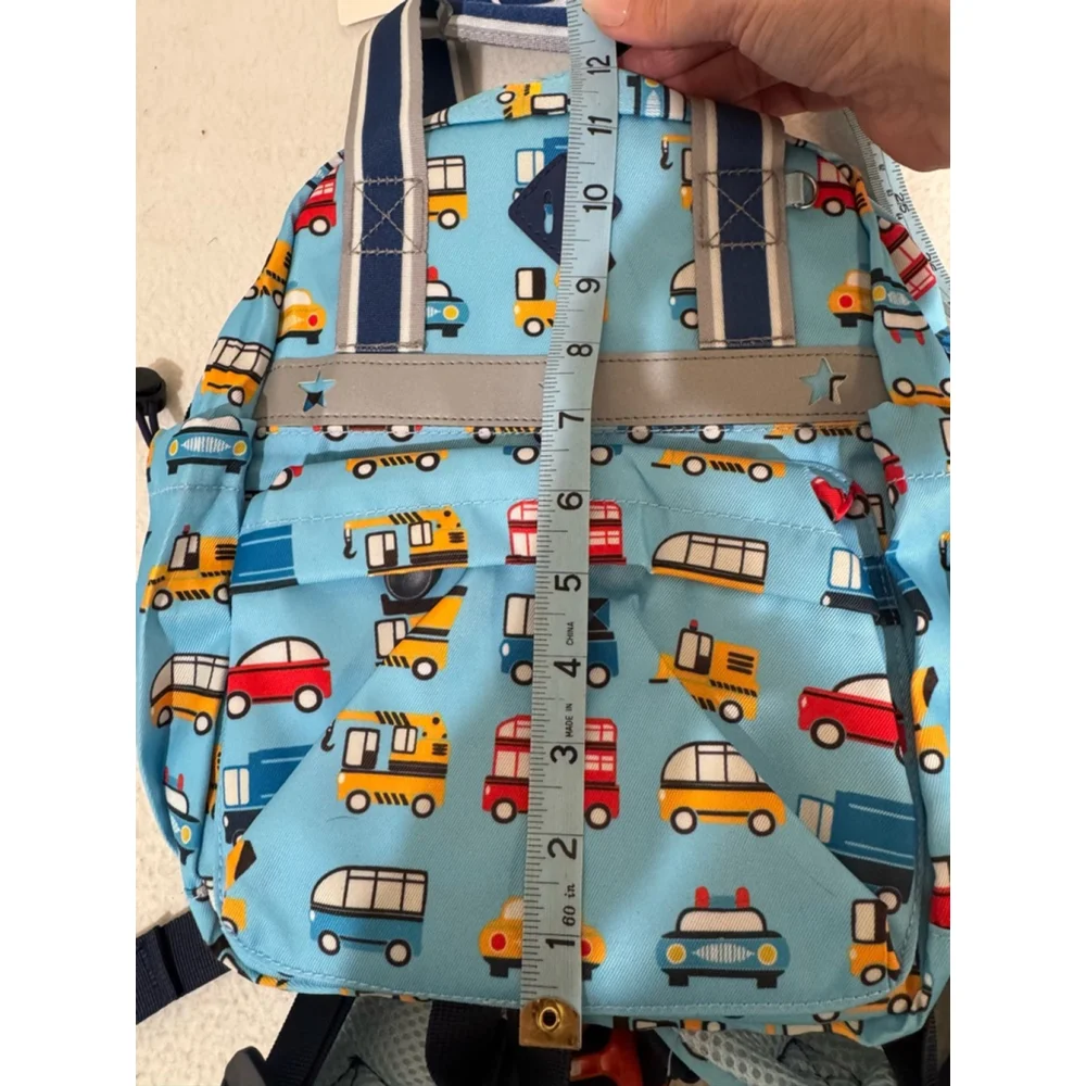 Boys QIXIU Backpack Small Blue Vehicle Print zip and side pockets adjustable